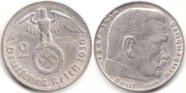 2 Reichsmark 1939  Deutsches Reich Hindenburg J ss